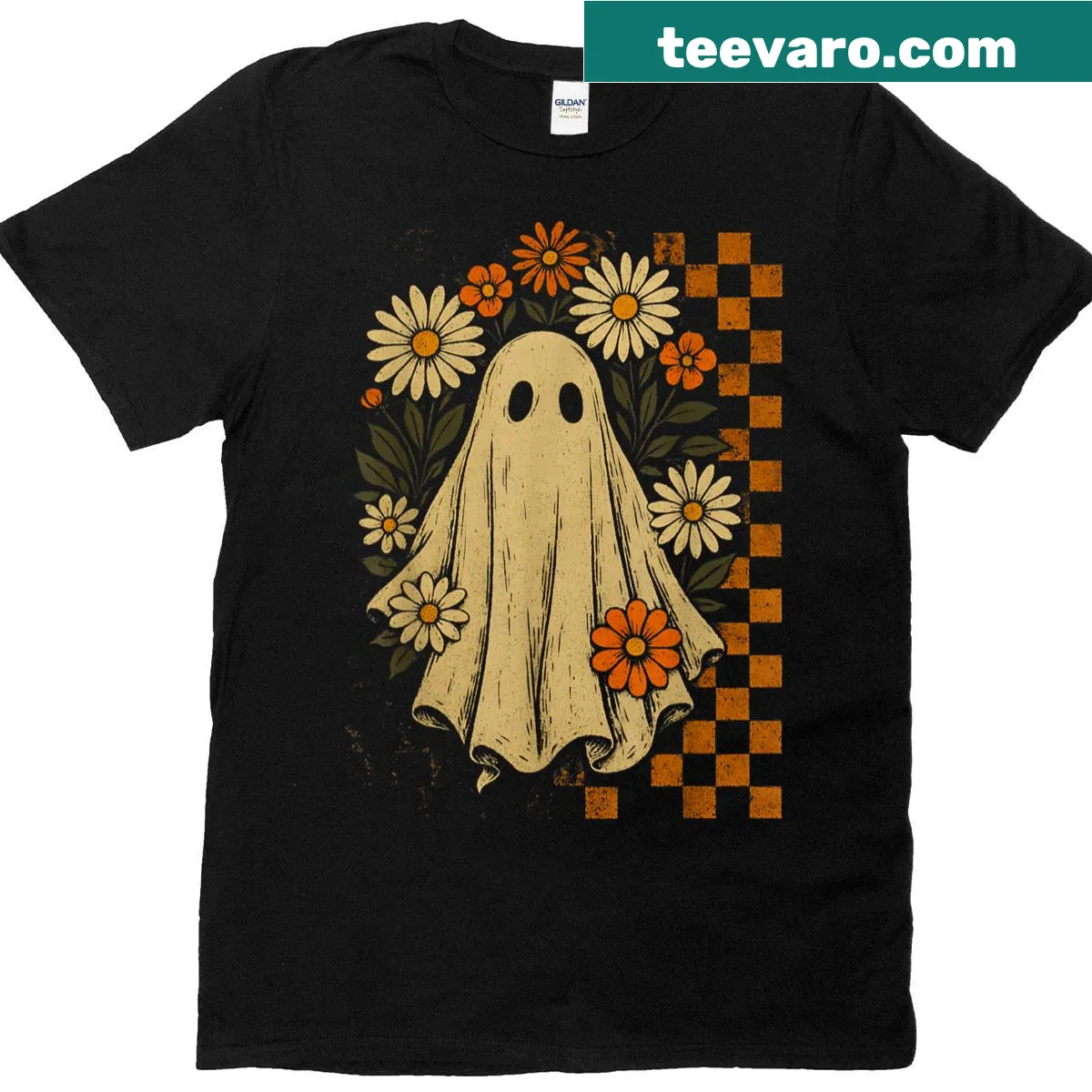 Vintage floral ghost design on a Halloween T-shirt for women — on a men's t-shirt