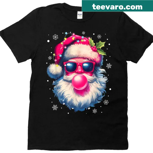 Vintage Santa in pink sunglasses blowing bubble gum on a t-shirt