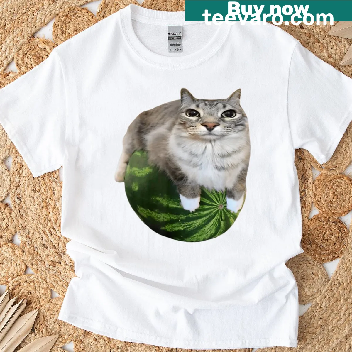 Cat-themed t-shirt featuring a watermelon design — on a men's t-shirt
