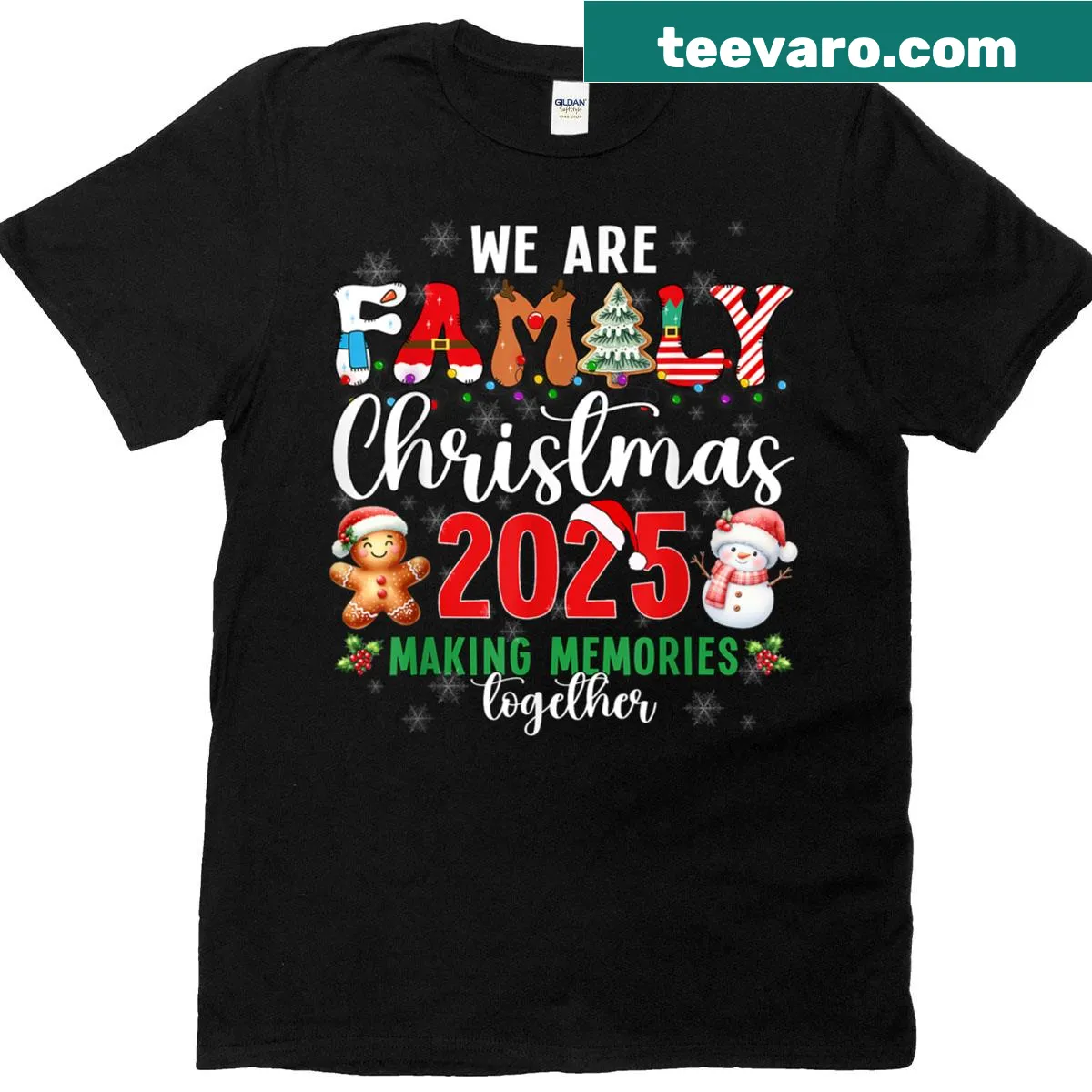 Christmas tee with 'We Are Family' text graphic — on a men's t-shirt