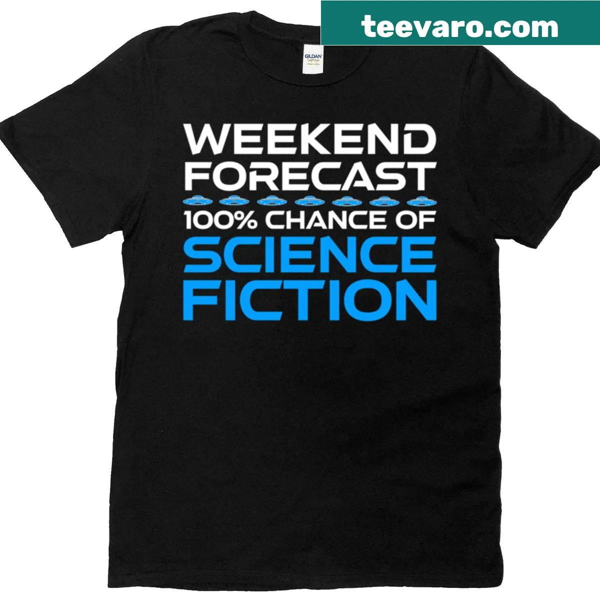 Science fiction-themed t-shirt with playful weekend forecast design. — on a men's t-shirt