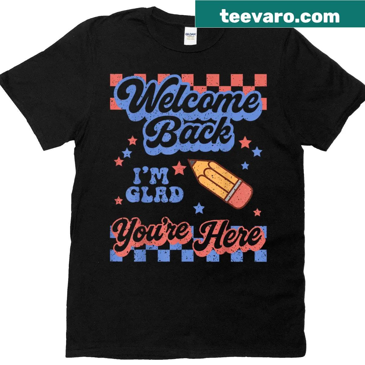 Funny back-to-school shirt with text 'I'm Glad You're Here' — on a men's t-shirt