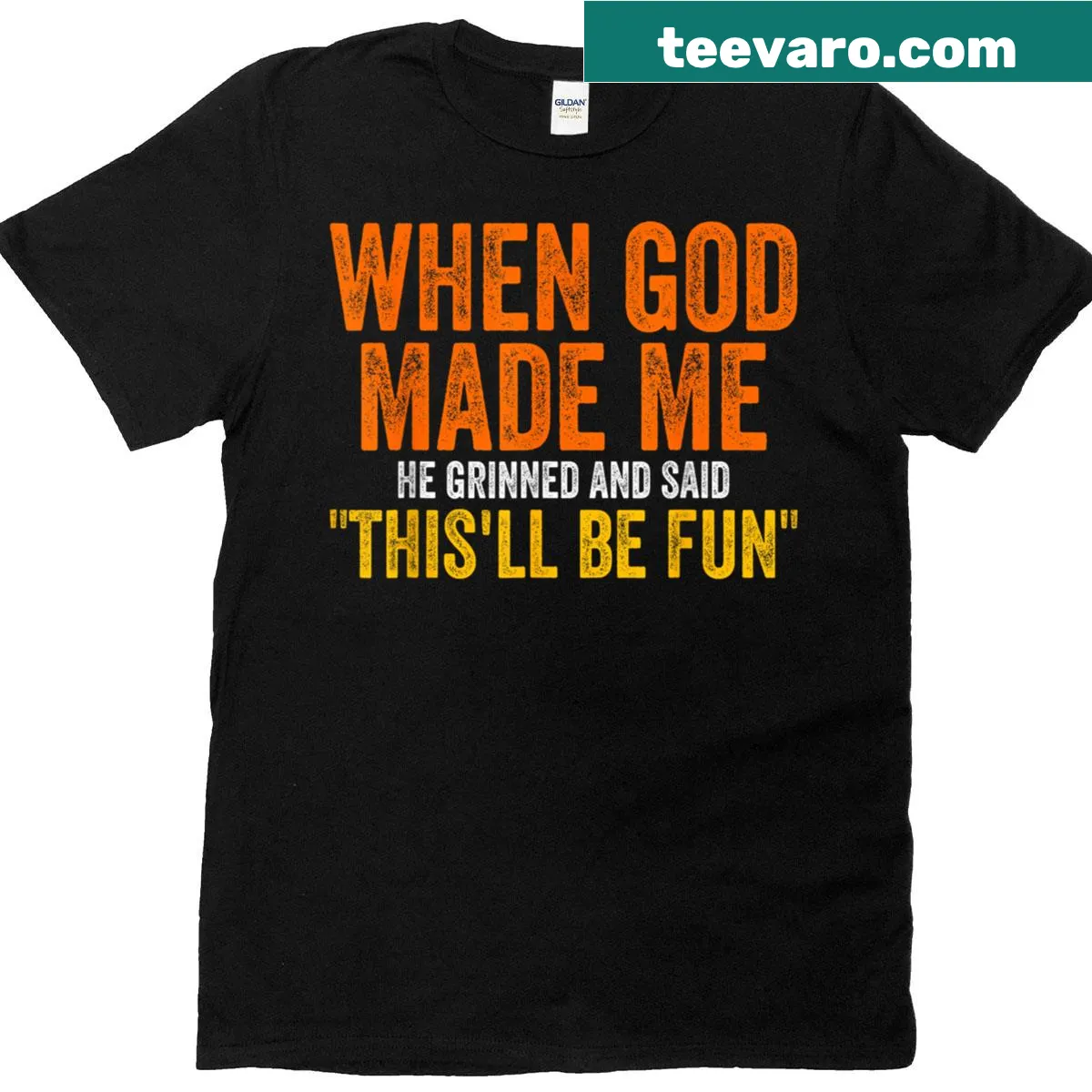 Funny t-shirt with the saying 'When God Made Me He Grinned' — on a men's t-shirt