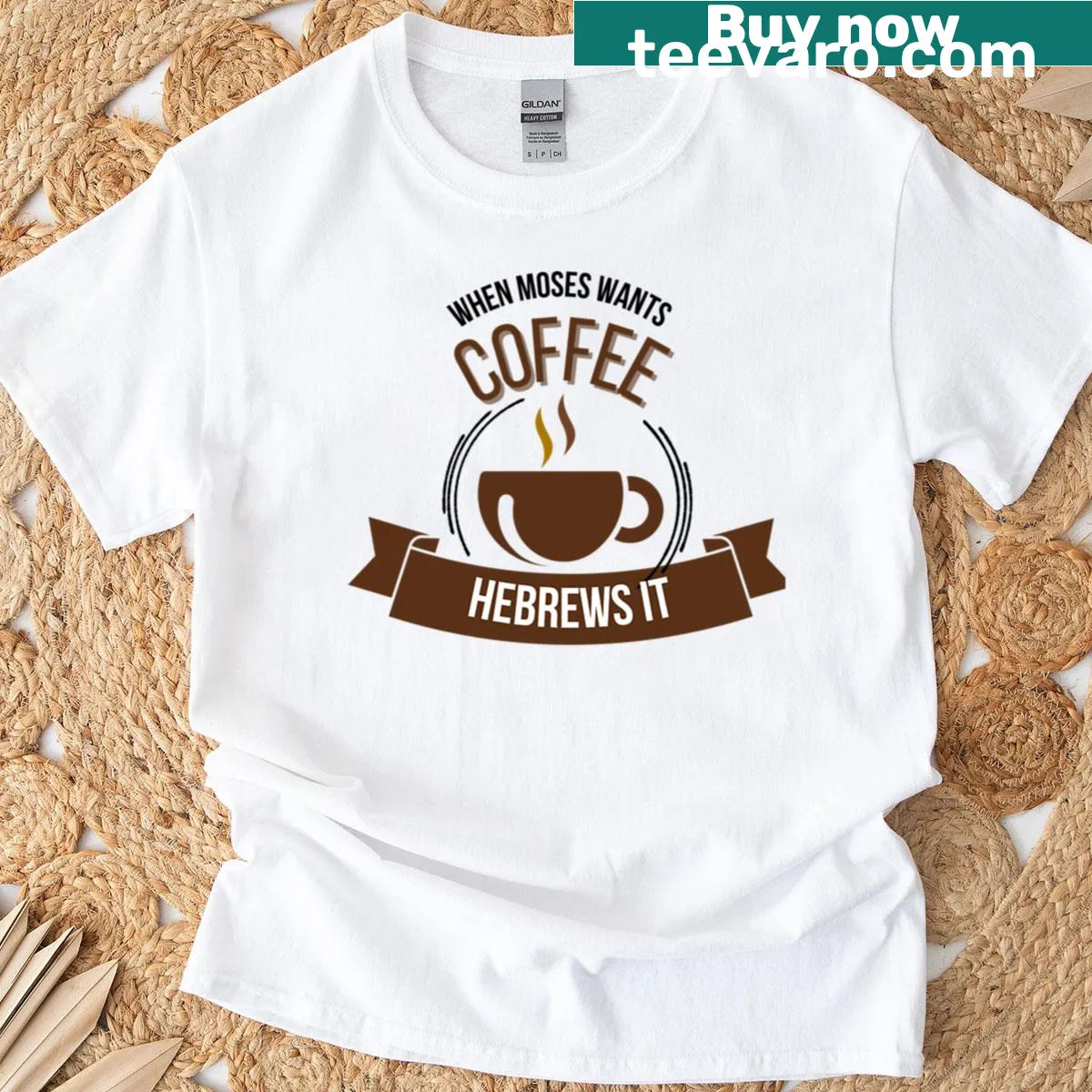 Funny T-shirt with clever coffee and biblical wordplay — on a men's t-shirt