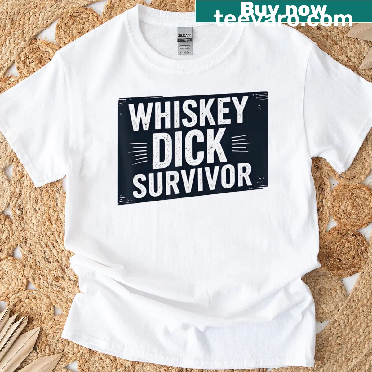Funny Whiskey Dick Survivor graphic t-shirt with bold text — on a men's t-shirt