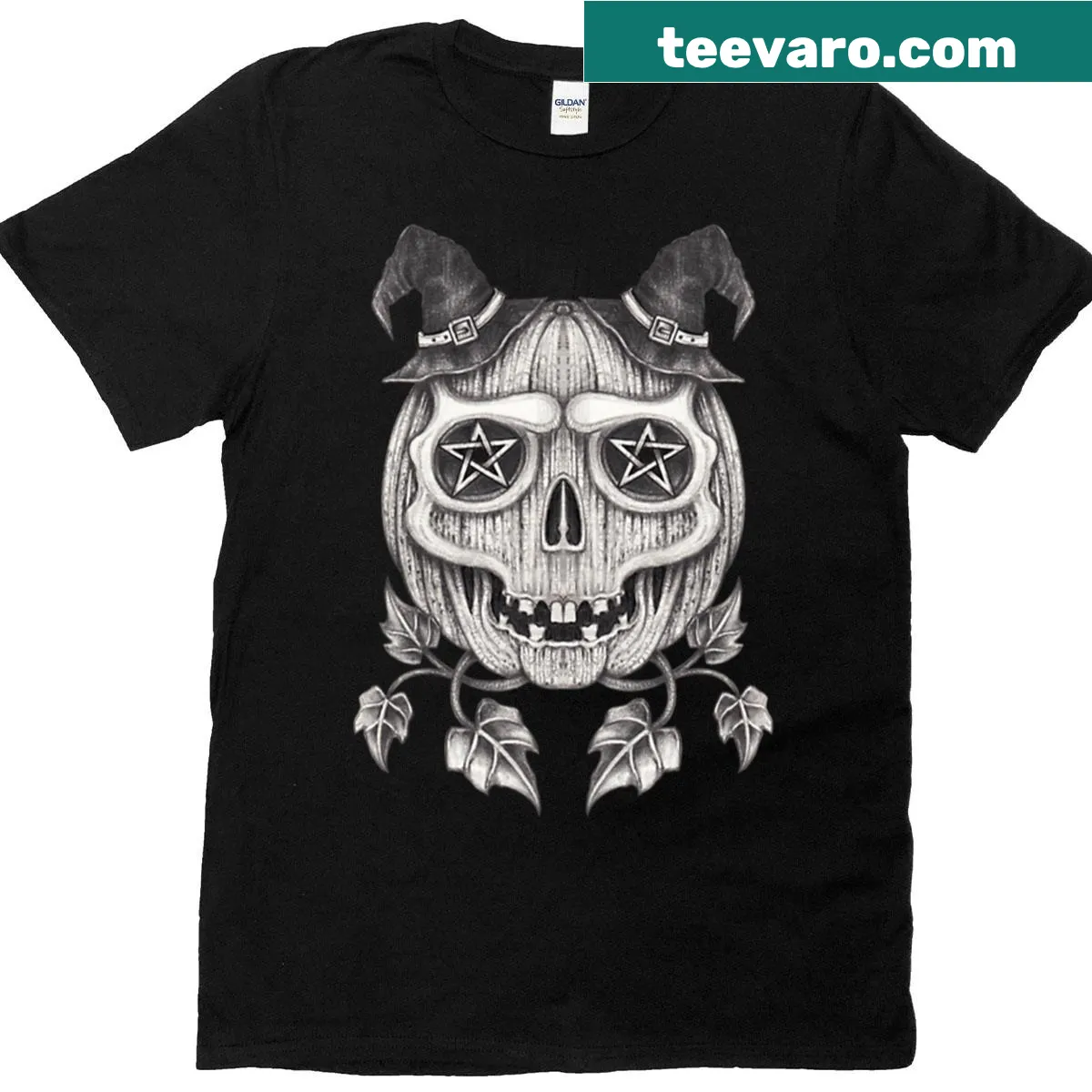 Surreal art T-shirt featuring a witch skull and pumpkin design — on a men's t-shirt