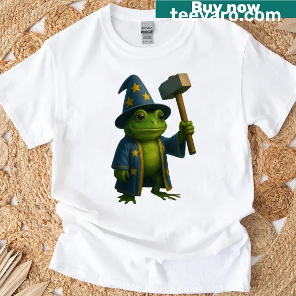 Cartoon t-shirt featuring a wizard frog with a hammer design