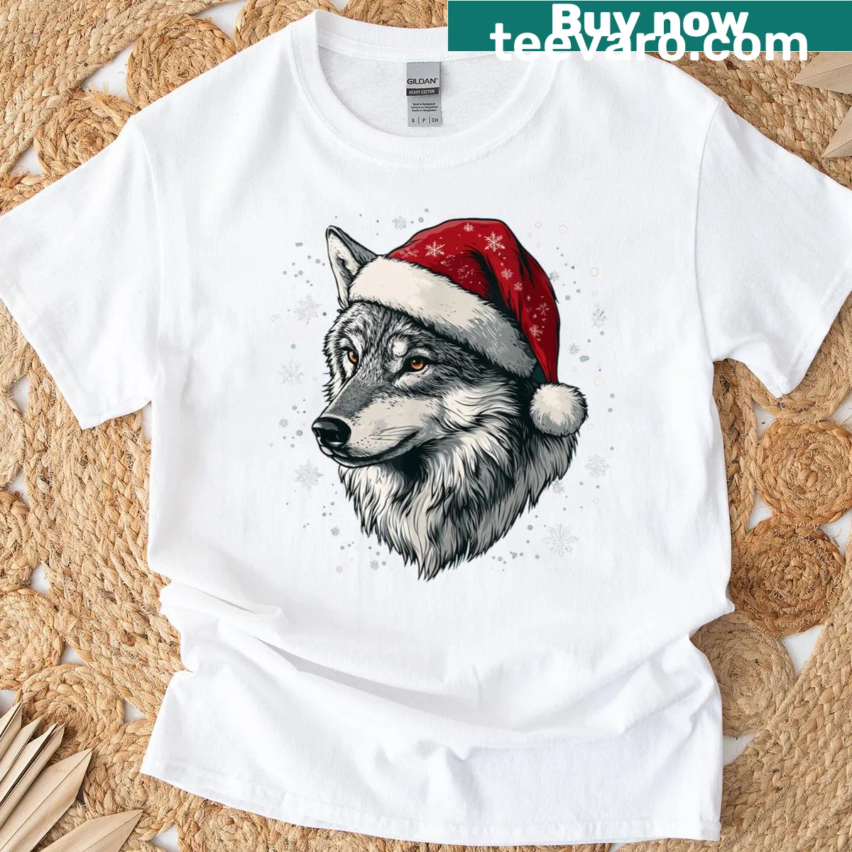 Funny wolf wearing a Santa hat on a Christmas t-shirt — on a men's t-shirt