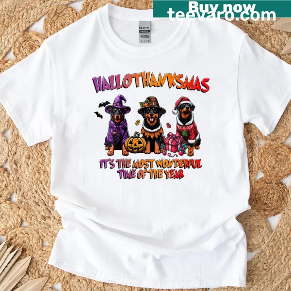 Illustrated T-shirt featuring Halloween, Thanksgiving, and Christmas themes with a Beauceron dog