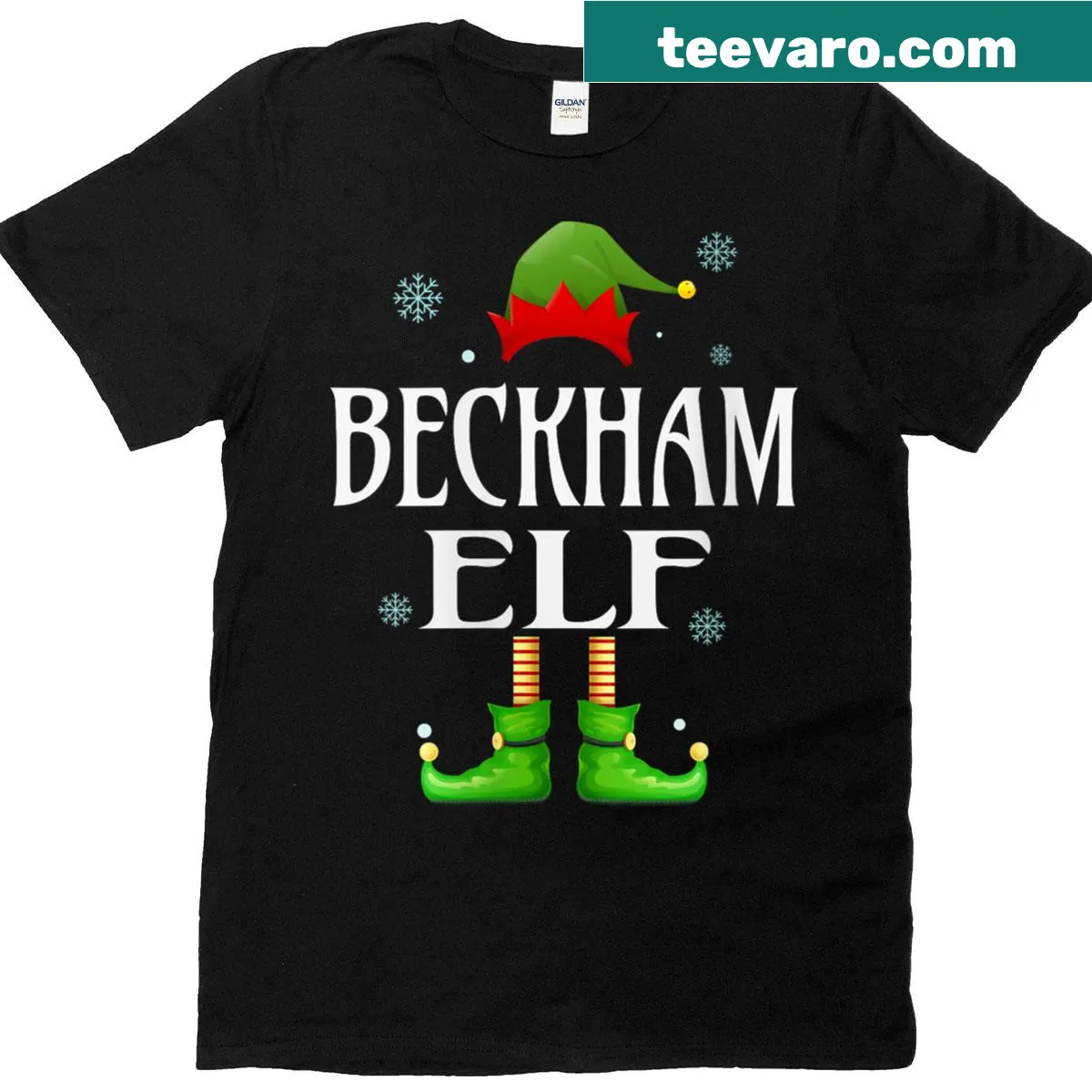 Cartoon elf graphic for family matching Christmas T-shirt — on a men's t-shirt