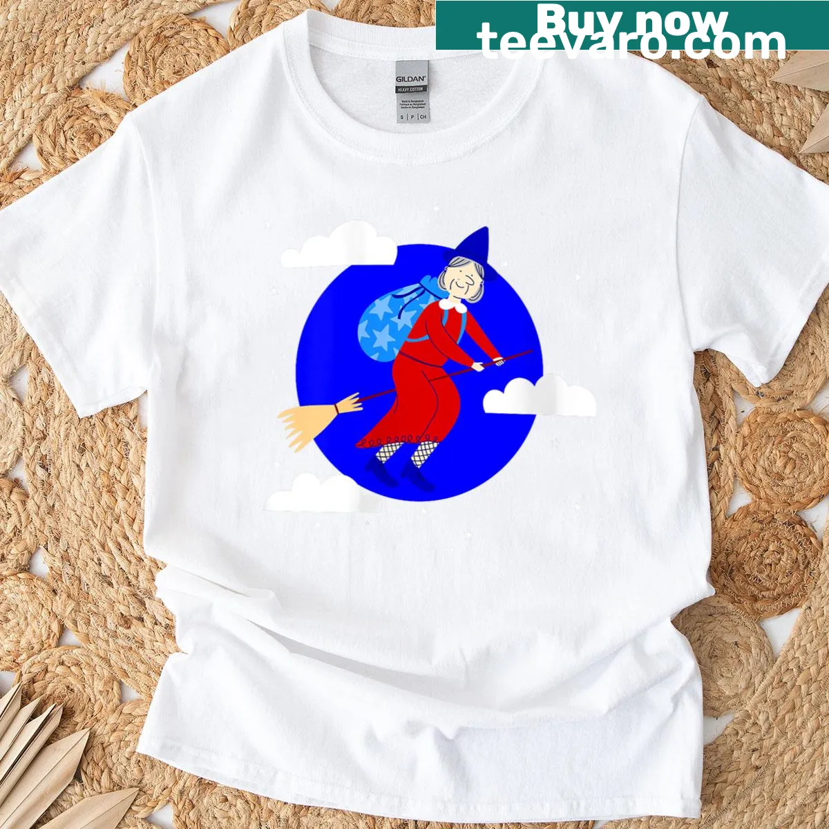Cute Christmas witch t-shirt featuring Befana on a broom — on a men's t-shirt