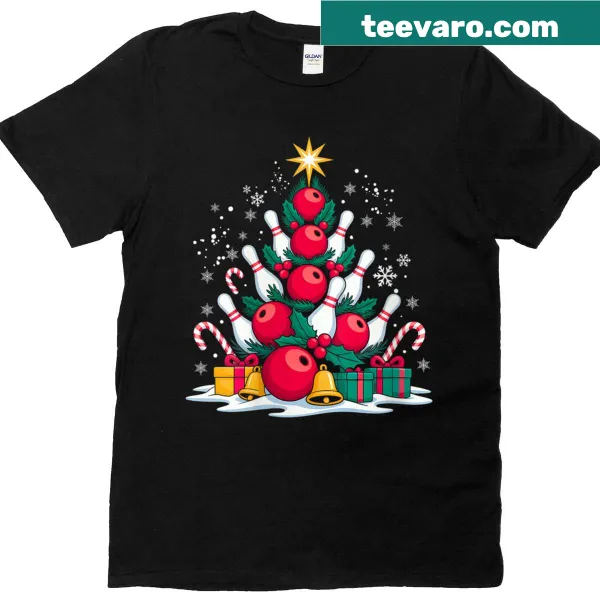 Funny vintage-style T-shirt with a bowling pin Christmas tree