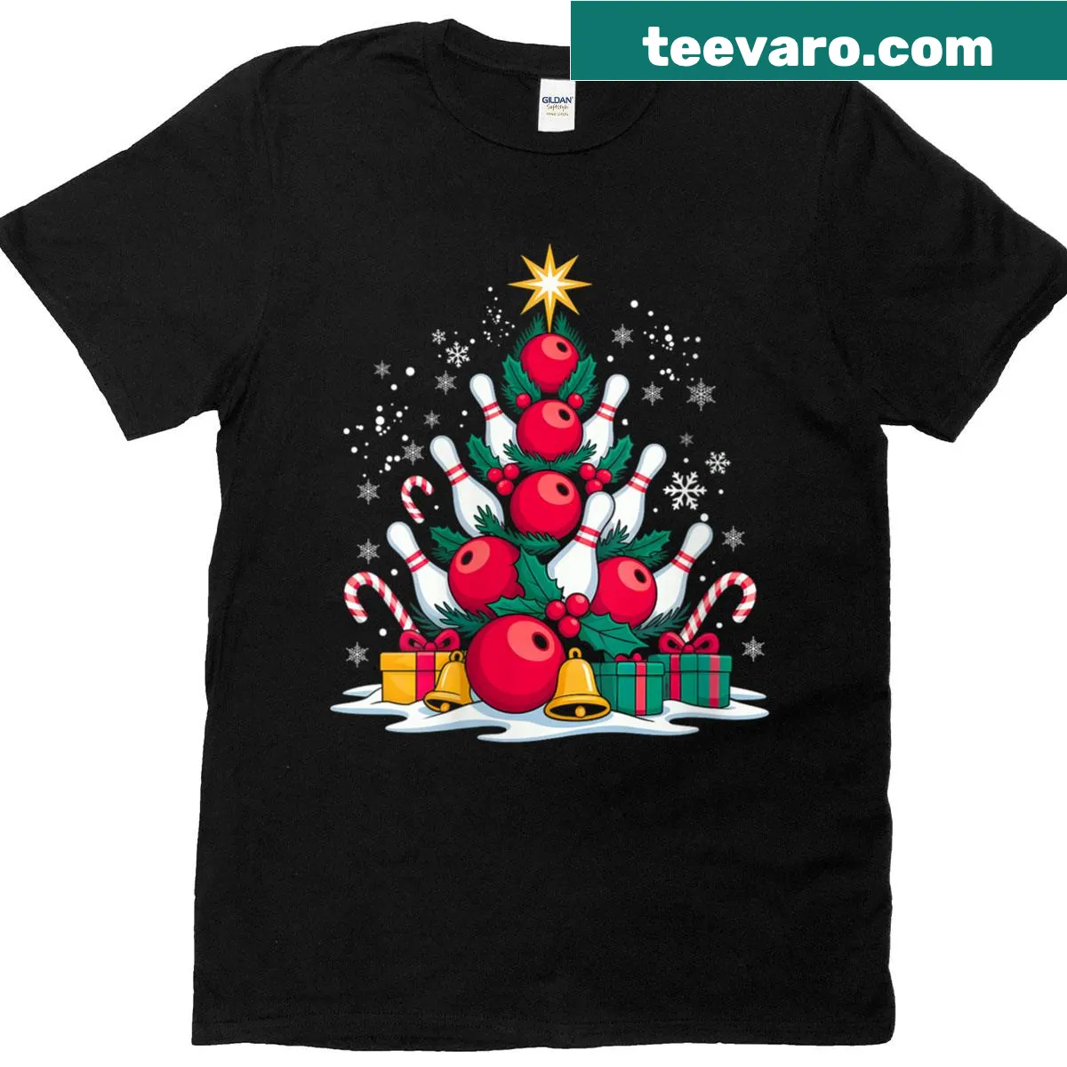 Funny vintage-style T-shirt with a bowling pin Christmas tree — on a men's t-shirt