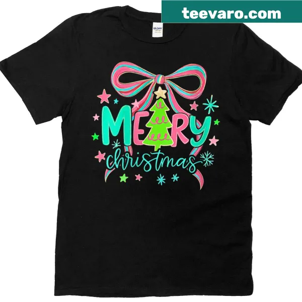 Christmas tree with a bow graphic on a T-shirt