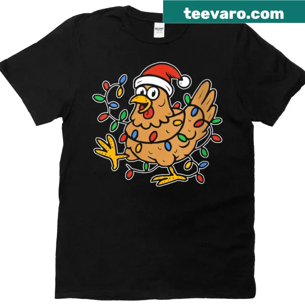 Whimsical Christmas chicken tee with Santa hat and lights