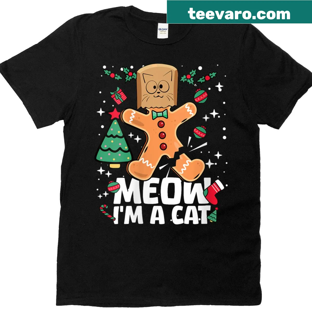 Funny Christmas t-shirt with gingerbread man and cat graphic — on a men's t-shirt
