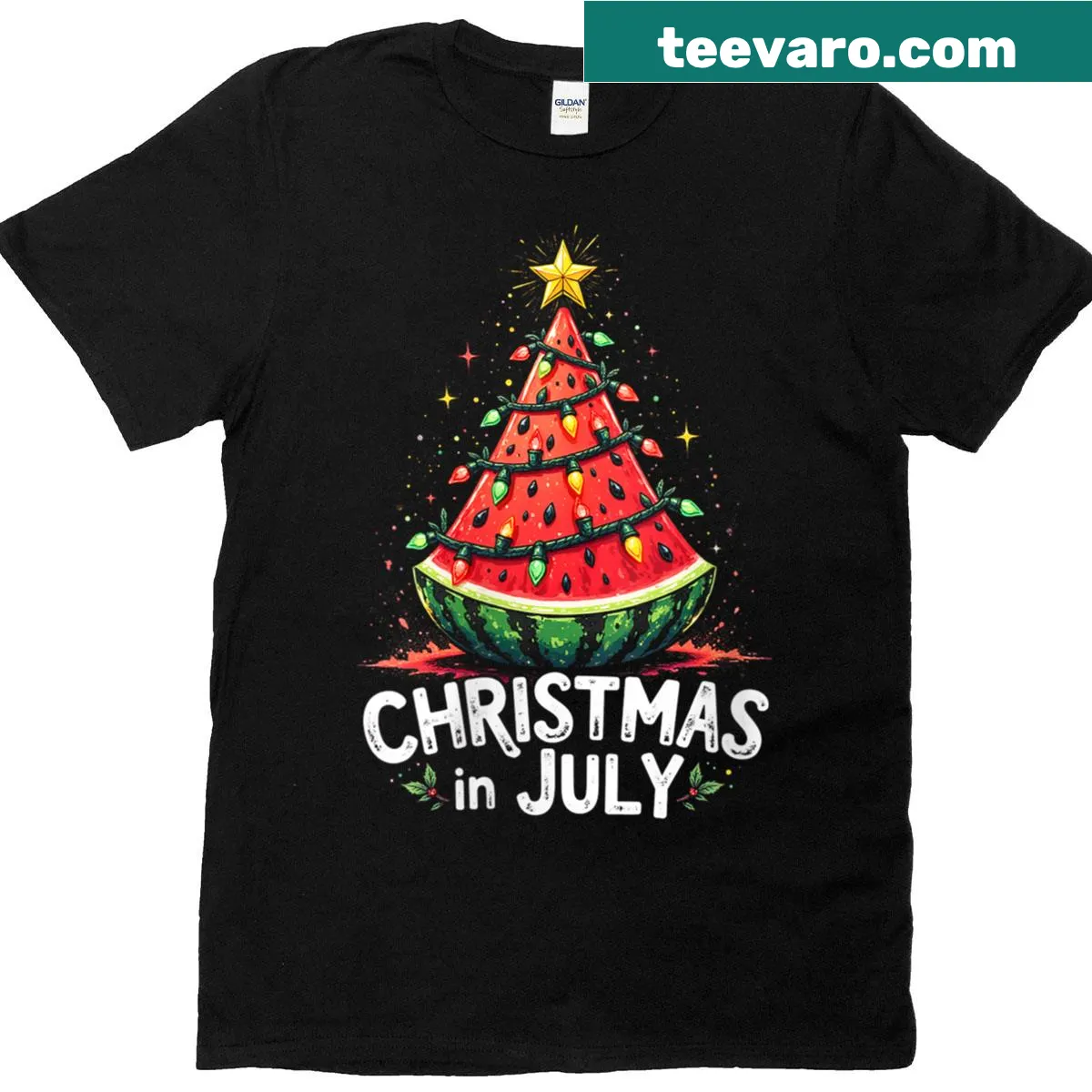 Playful Christmas in July t-shirt with a watermelon tree — on a men's t-shirt