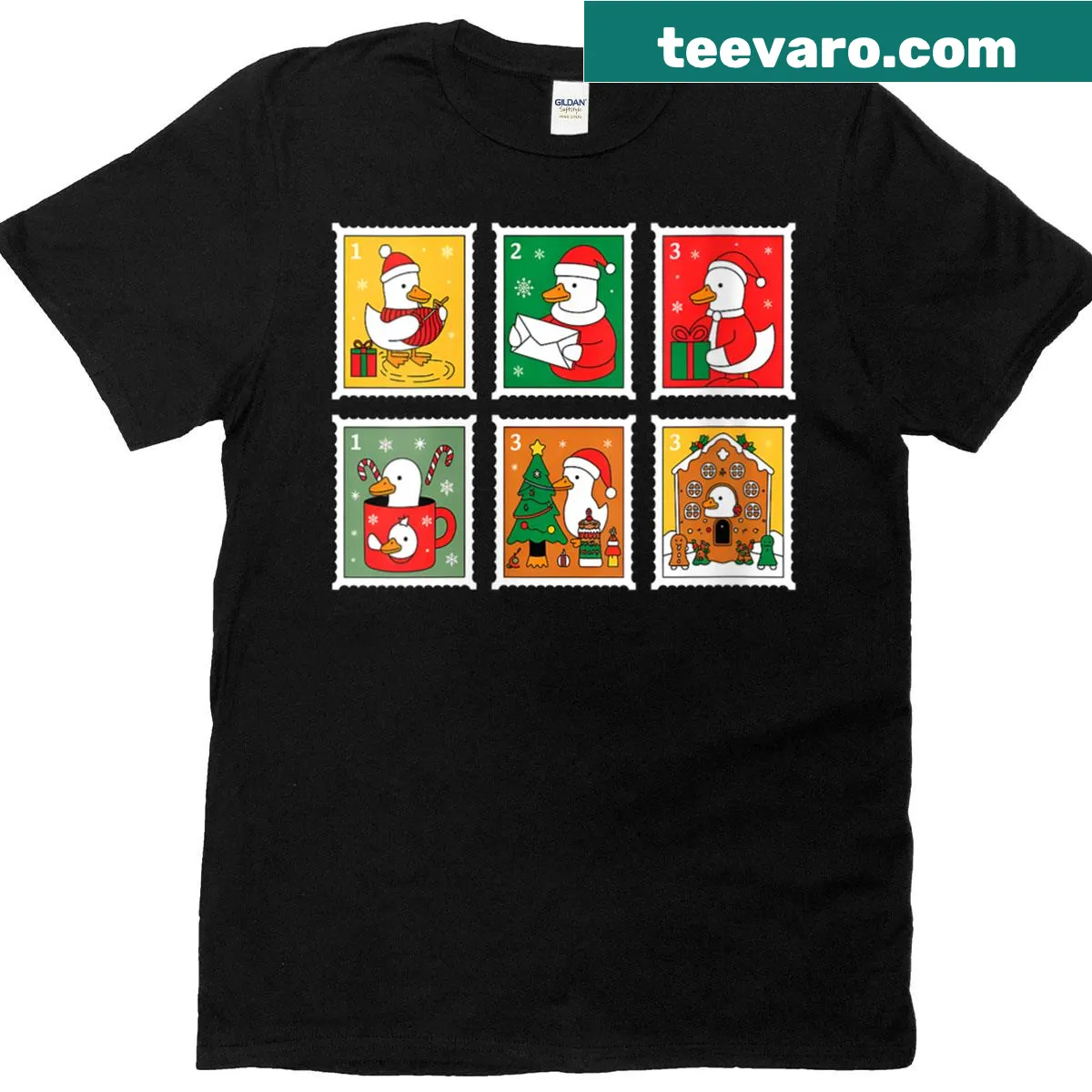 Whimsical Christmas t-shirt featuring a duck postage stamp graphic — on a men's t-shirt