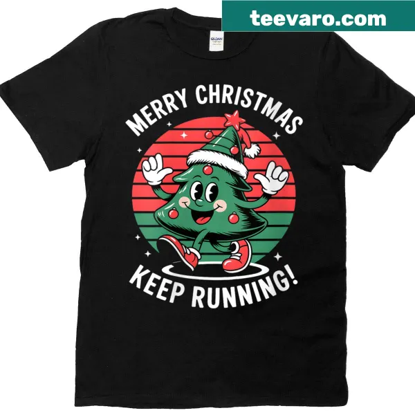 Cute Santa running graphic on a festive Christmas tee