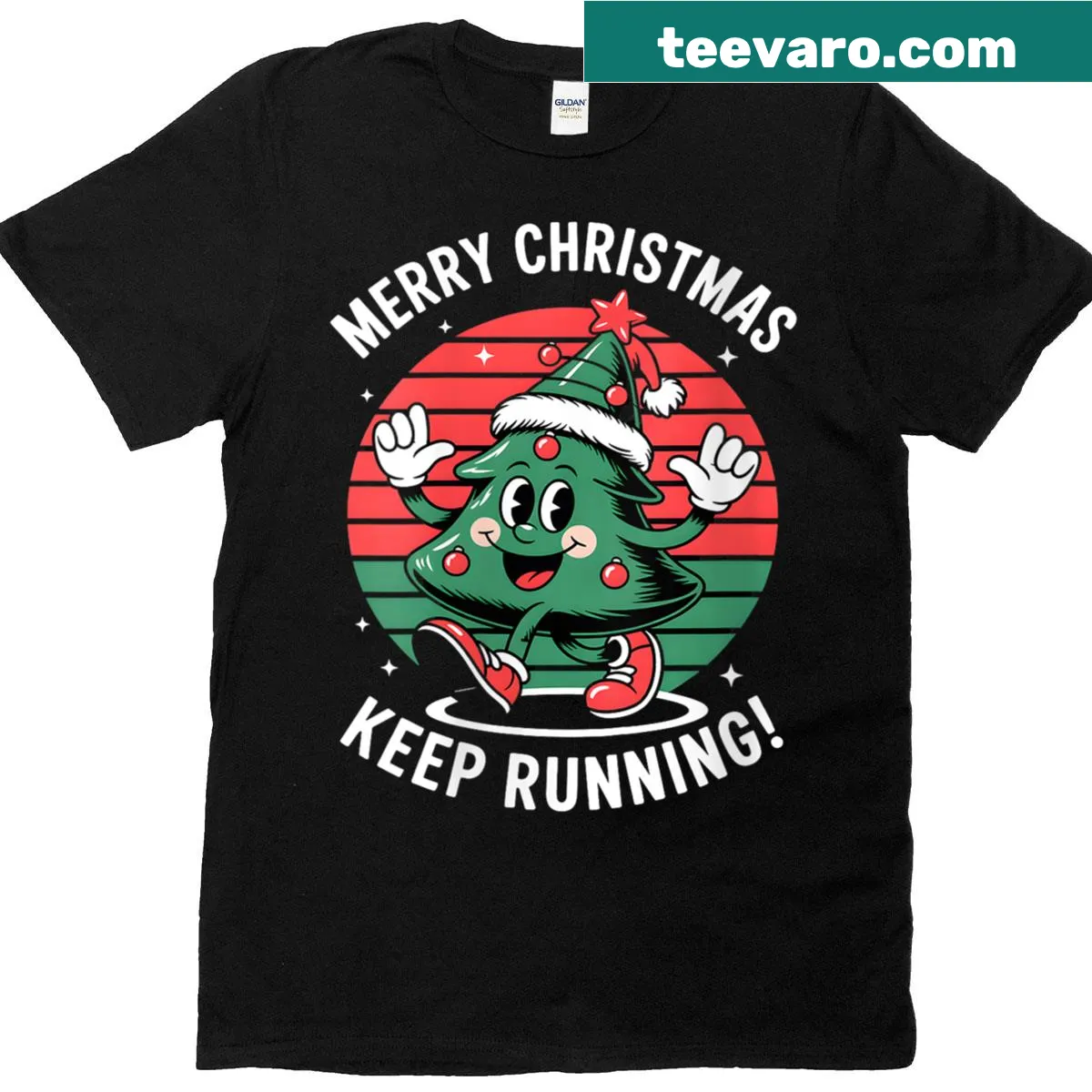 Cute Santa running graphic on a festive Christmas tee — on a men's t-shirt