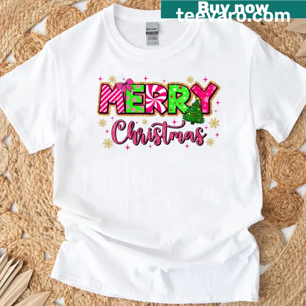 Cute holiday T-shirt with a candy tree and bows for women.