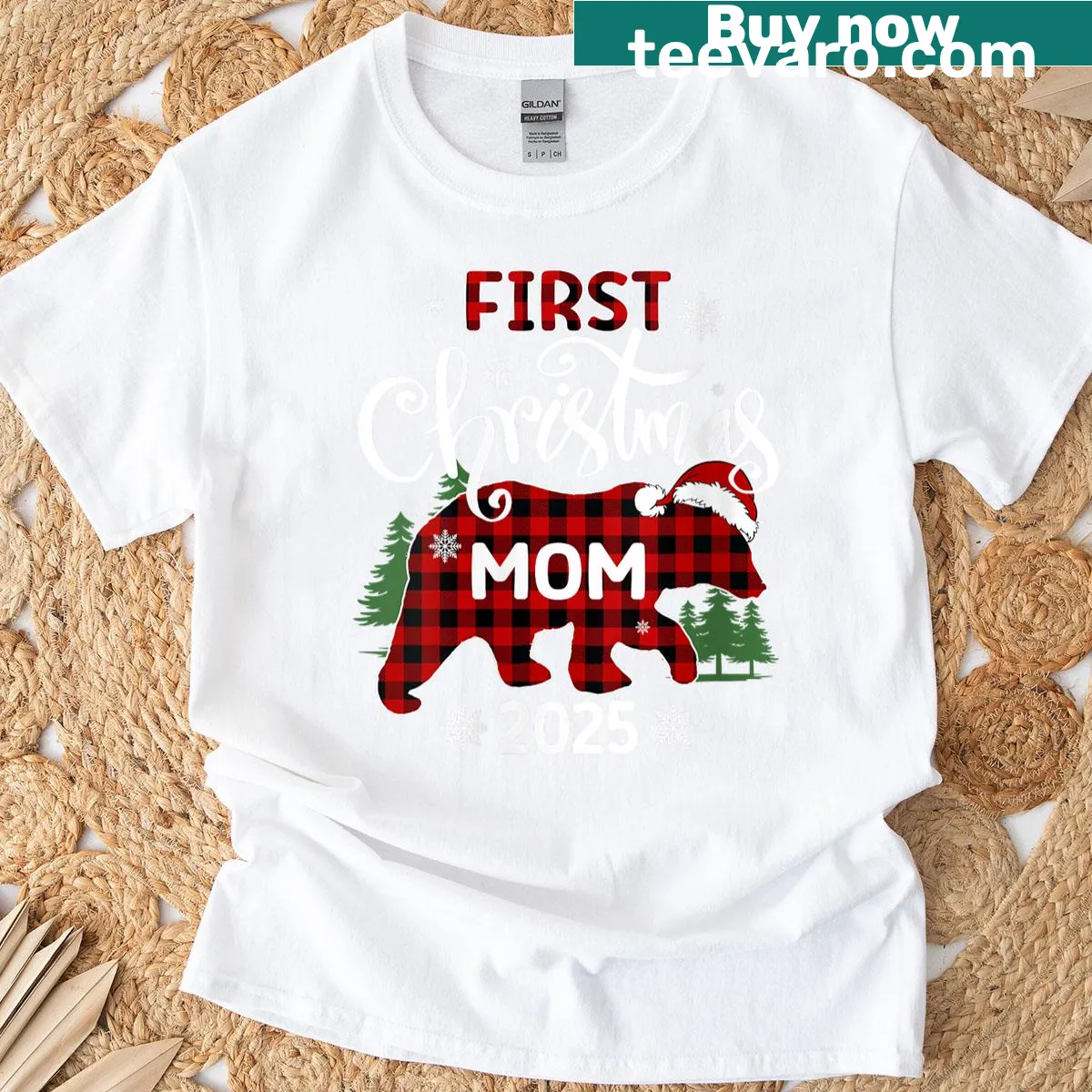 First Christmas Mom 2025 t-shirt with bear graphic — on a men's t-shirt