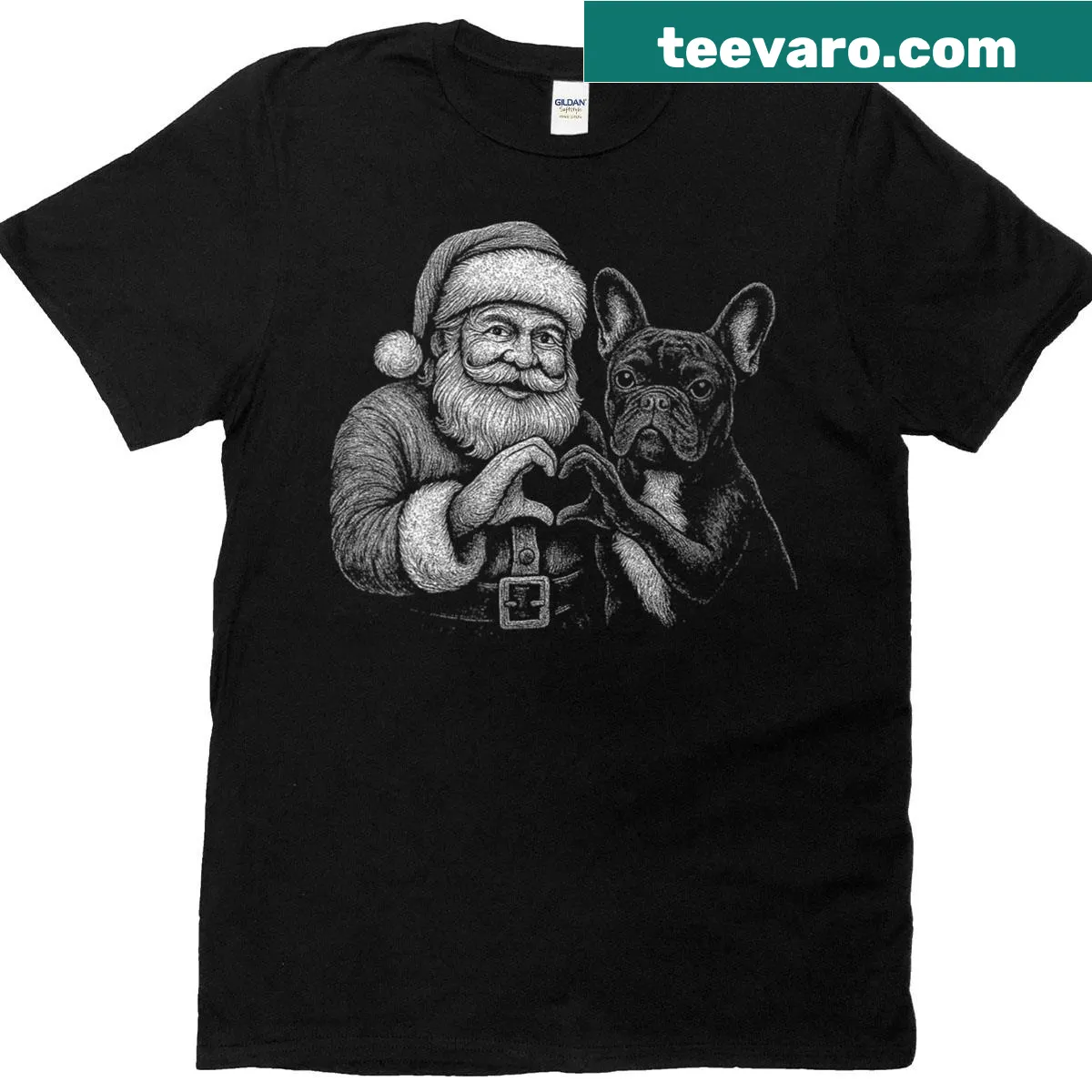 French Bulldog Santa Claus illustration in heart shape for dog lovers — on a men's t-shirt