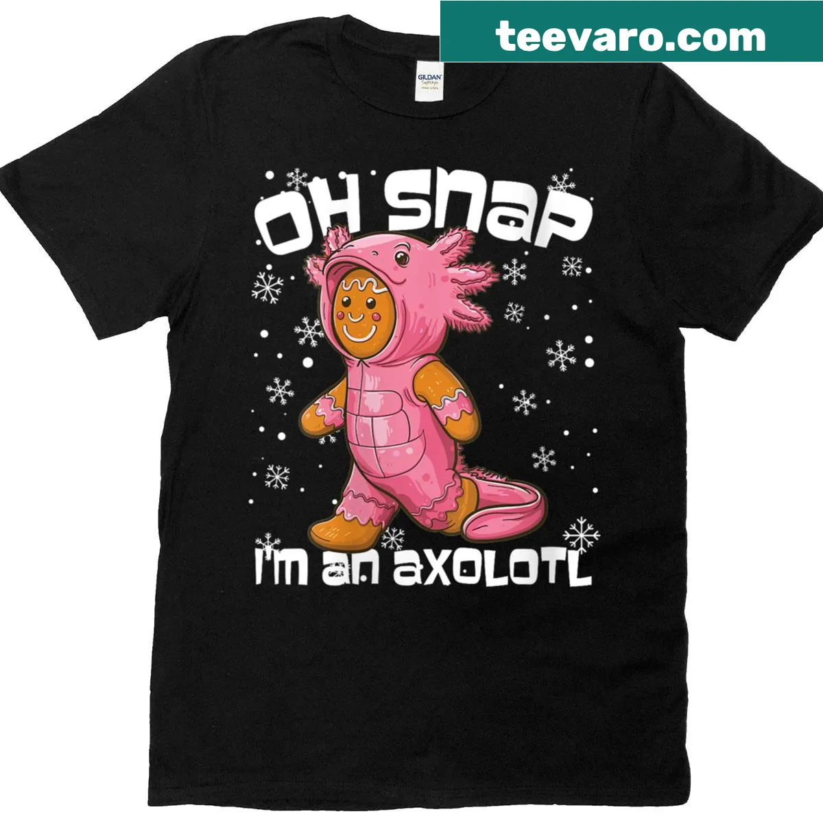 Funny Christmas T-shirt with gingerbread man and axolotl graphic — on a men's t-shirt