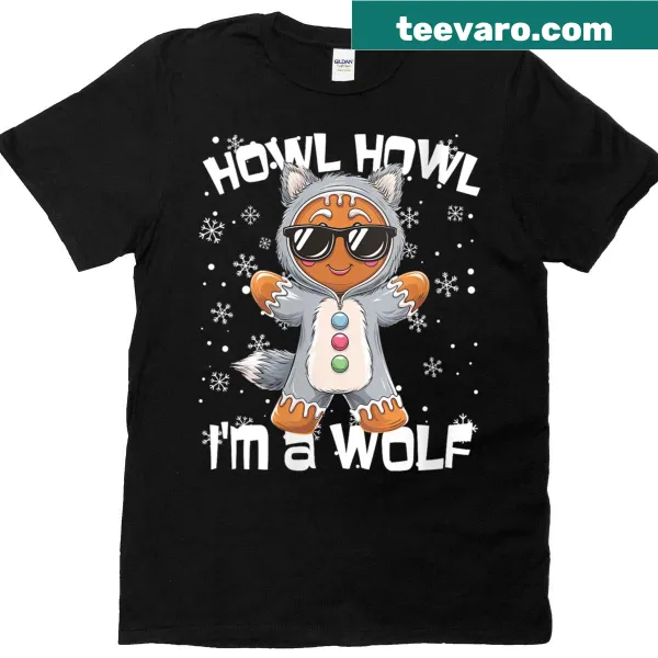 Funny Christmas tee with howling wolf gingerbread man