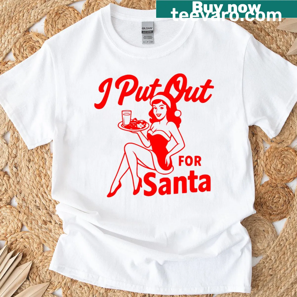 Funny Christmas tee with 'I Put Out For Santa' text for women. — on a men's t-shirt