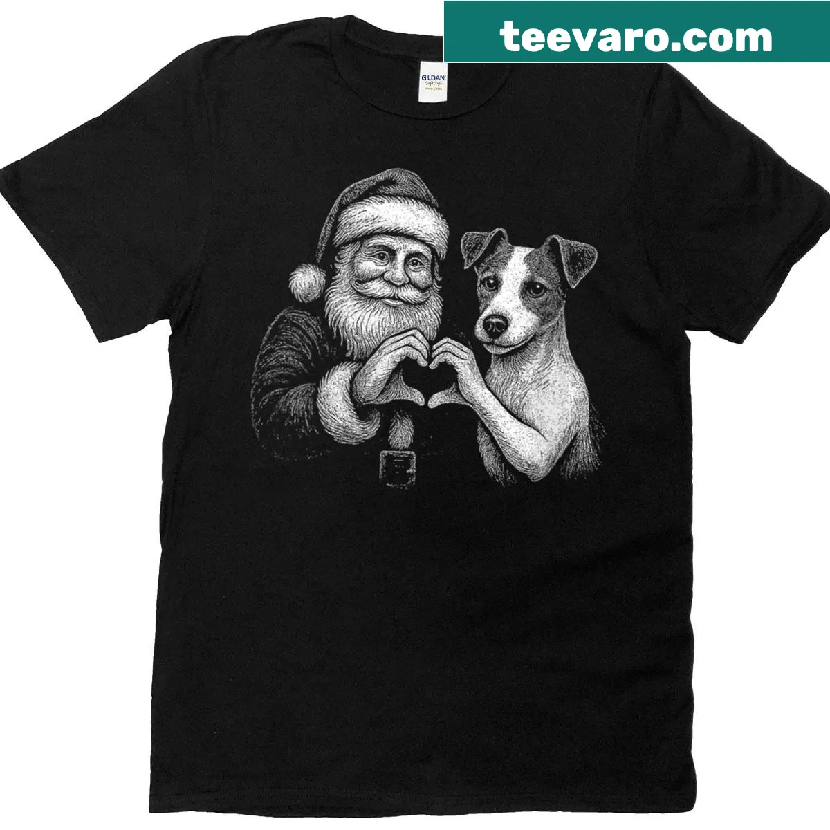 Heart-shaped Christmas T-shirt with Jack Russell Terrier as Santa — on a men's t-shirt