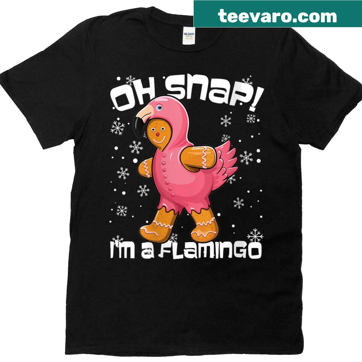 Whimsical Christmas t-shirt with 'Oh Snap I'm A Flamingo' and gingerbread man design. — on a men's t-shirt