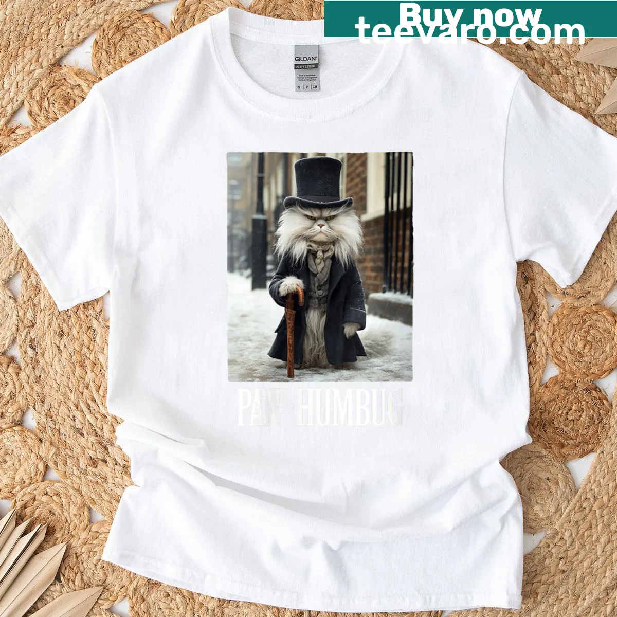 Funny Christmas T-shirt with a cat and 'Paw Humbug' text — on a men's t-shirt