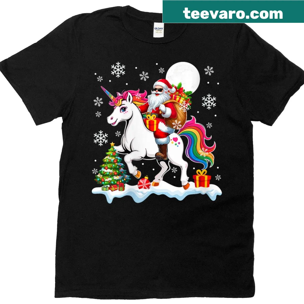 Santa riding unicorn Christmas T-shirt with Christmas tree illustration — on a men's t-shirt