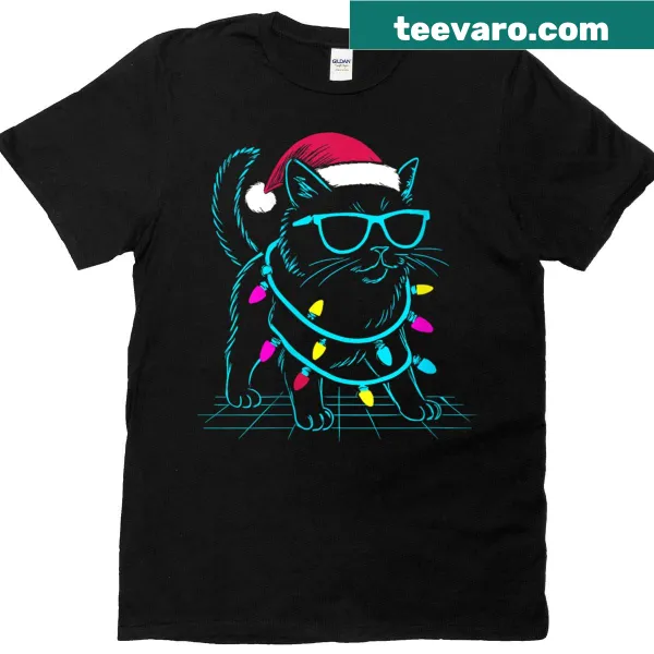 Synthwave cat design with Christmas lights on T-shirt