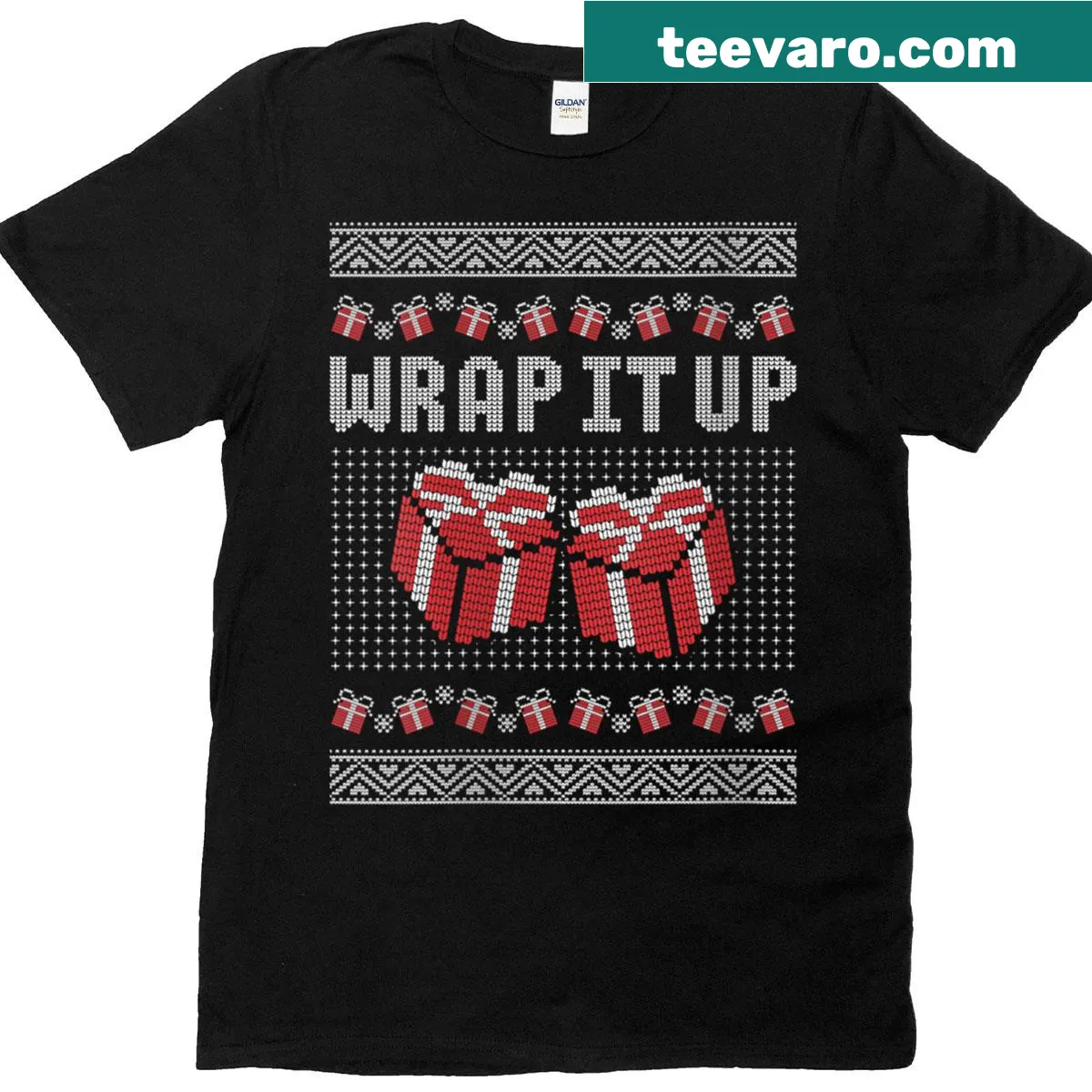 Playful Wraip It Up Christmas T-shirt with humorous design — on a men's t-shirt
