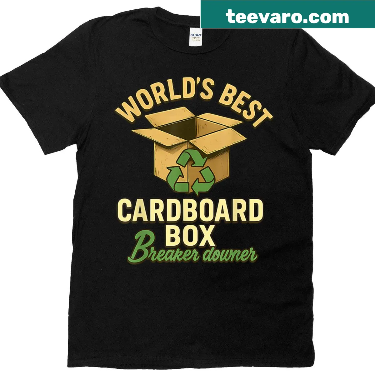 Funny T-shirt highlighting cardboard box breaking humor — on a men's t-shirt