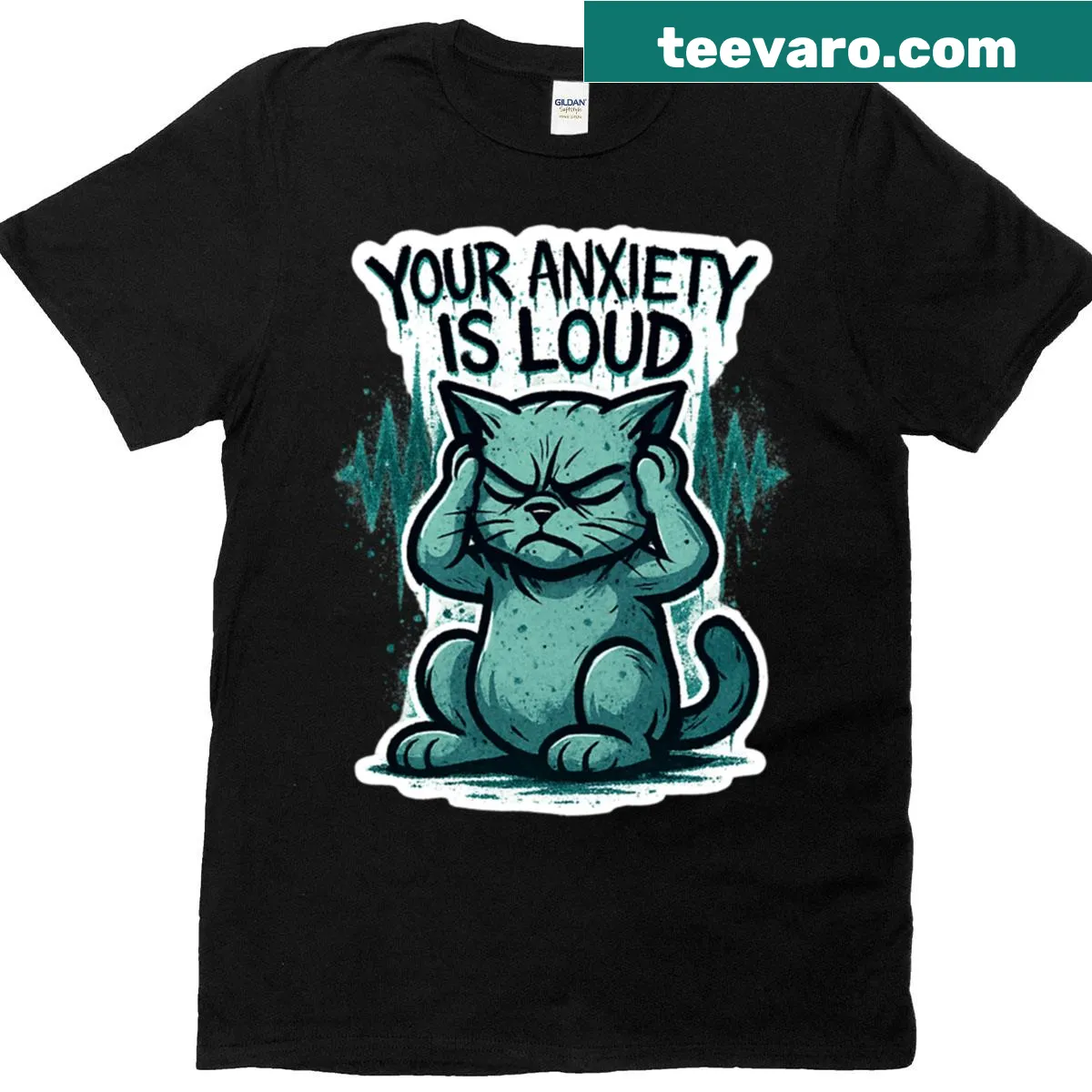 Graffiti-style cat graphic with the phrase 'Your Anxiety Is Loud' on an oversized t-shirt. — on a men's t-shirt
