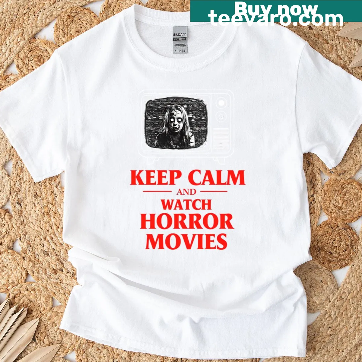 T-shirt with 'Keep Calm And Watch Horror Movies' design featuring a zombie girl — on a men's t-shirt