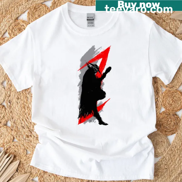 Illustration of Zorro with guitar theme on an oversized t-shirt