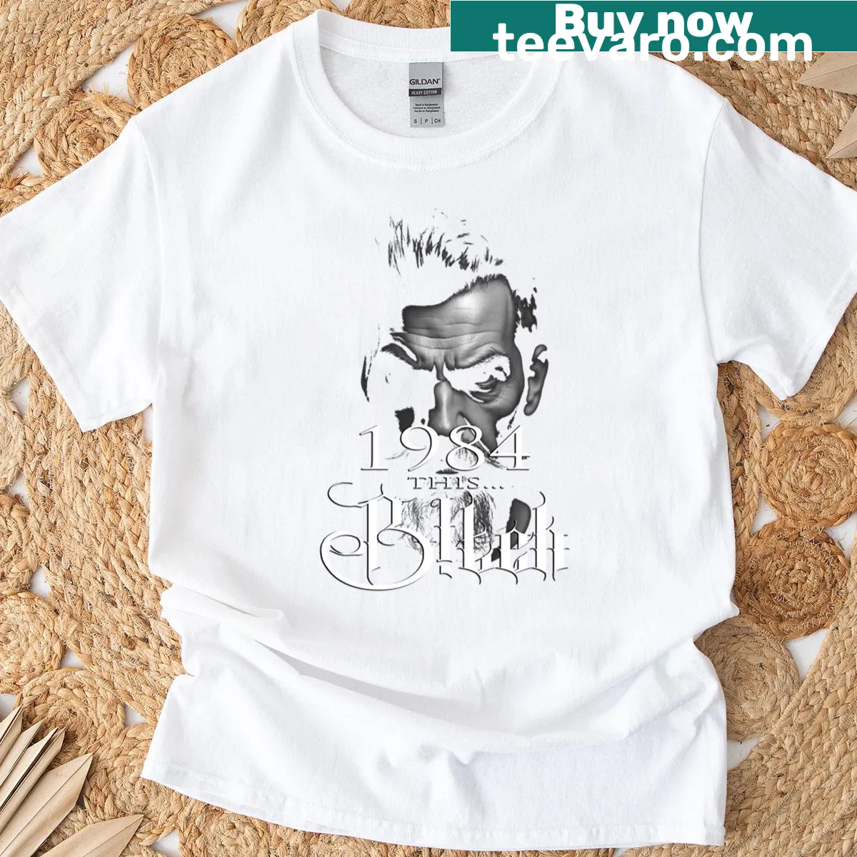 Typography shirt with the phrase '1984 - Needs To Stay A Fiction' — on a men's t-shirt