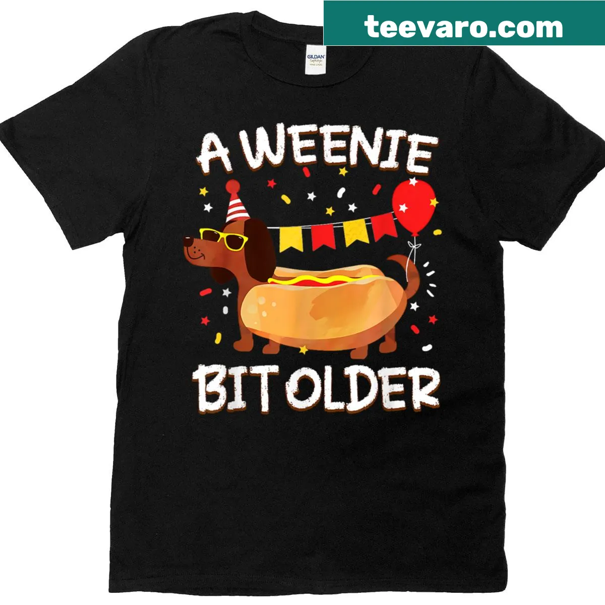 Cute hot dog birthday T-shirt with the phrase 'A Weenie Bit Older' — on a men's t-shirt