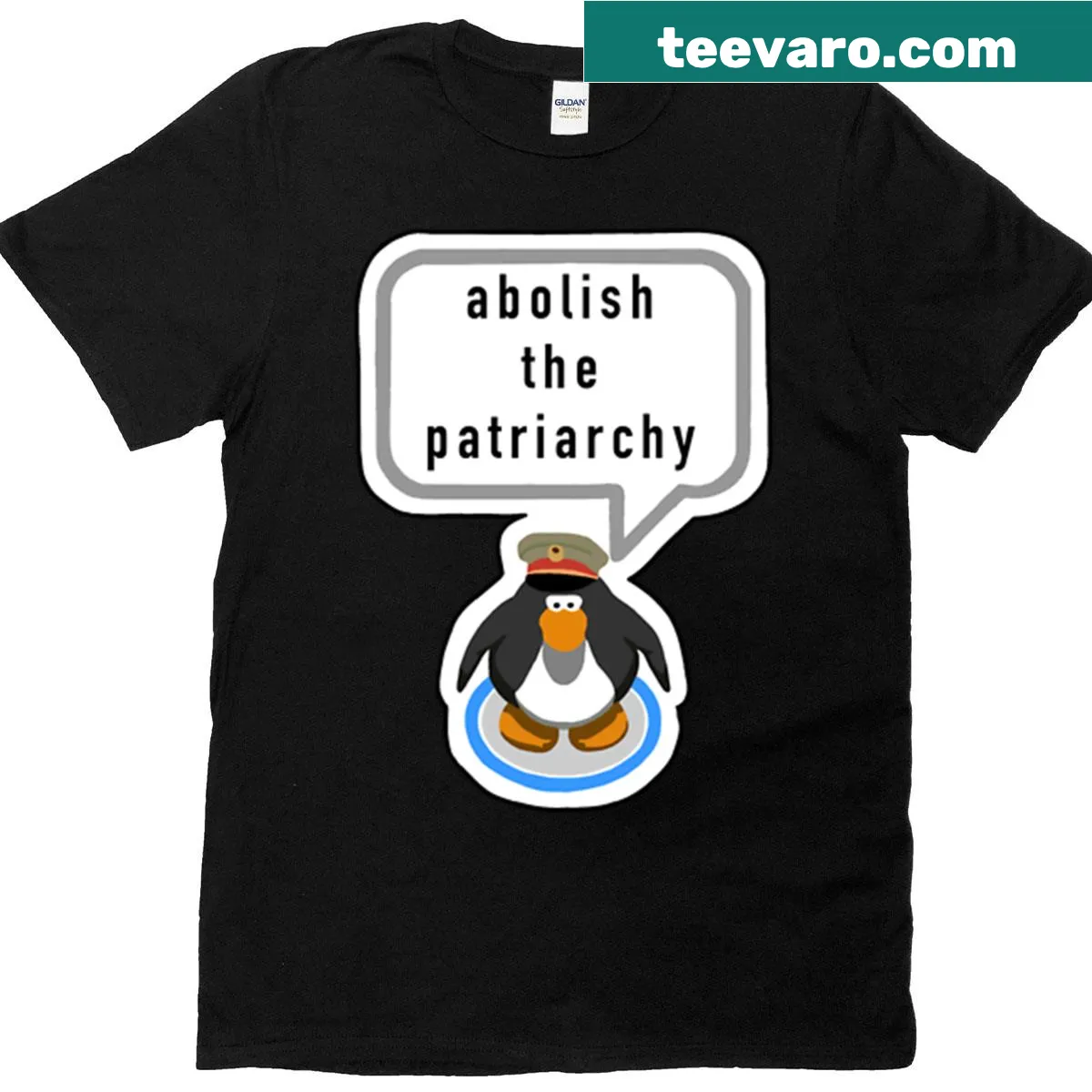 Oversized cartoon penguin T-shirt with 'Abolish The Patriarchy' text — on a men's t-shirt