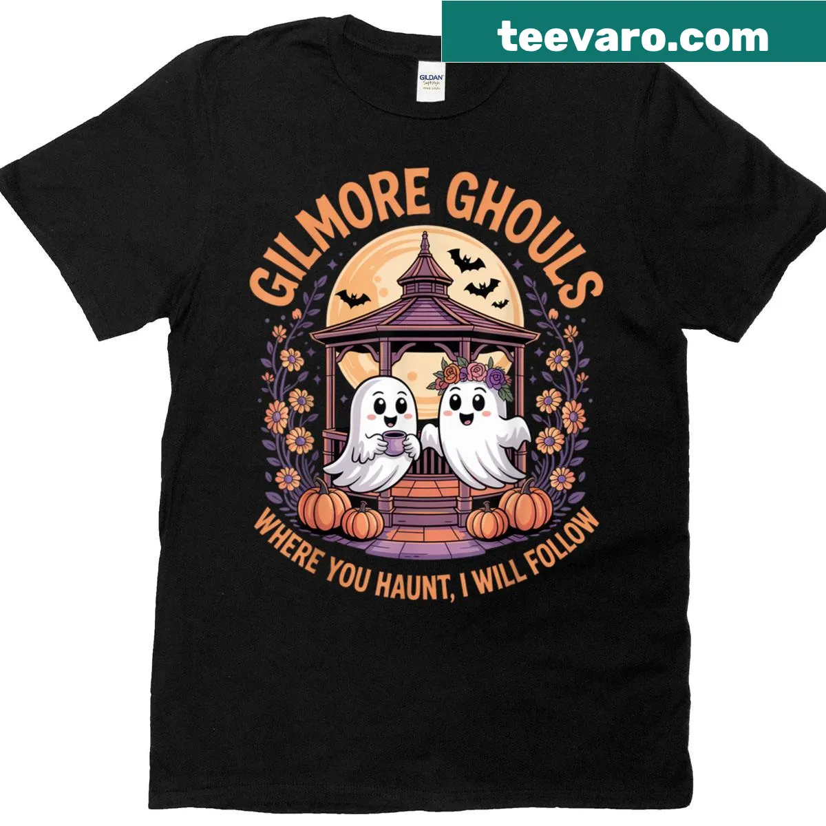 Cute cartoon ghosts with pumpkins under a moonlit sky for Halloween — on a men's t-shirt