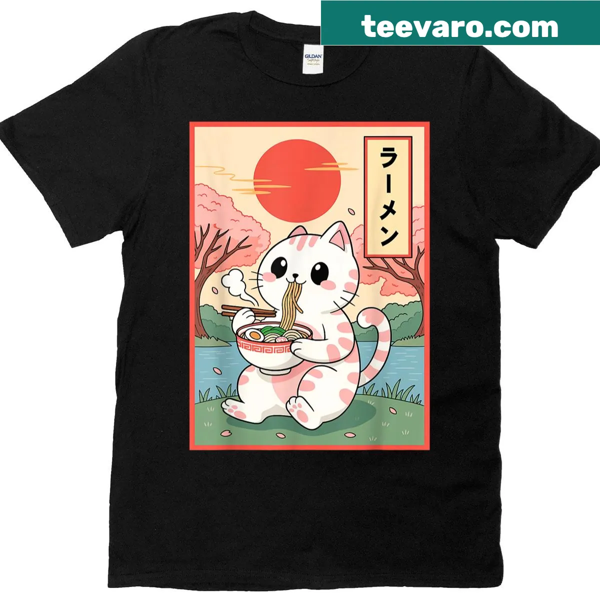 Cute anime cat eating ramen in a funny graphic tee — on a men's t-shirt