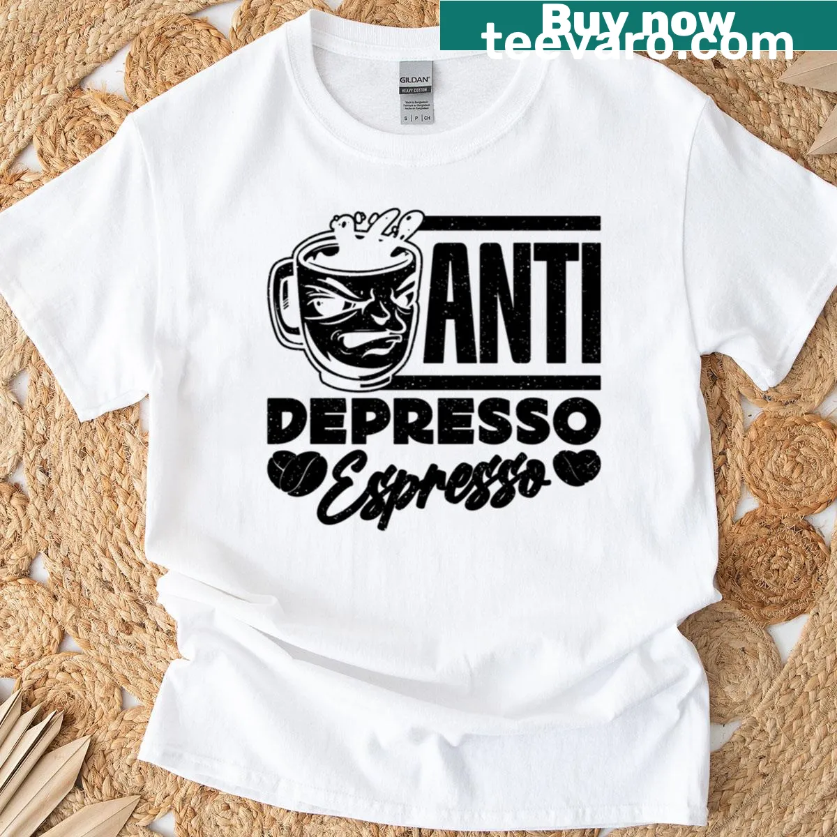 Funny coffee lover t-shirt with the phrase Anti Depresso Espresso and coffee bean graphic — on a men's t-shirt