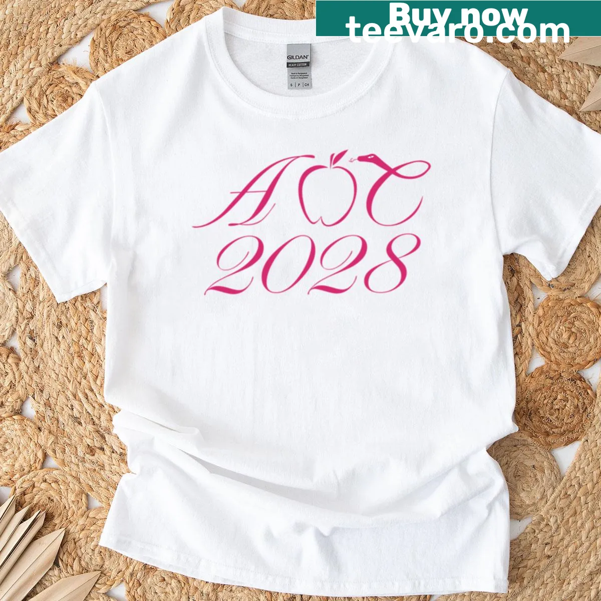 Graphic t-shirt featuring AOC in a pink blazer design — on a men's t-shirt