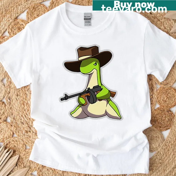 Playful cowboy Nessie graphic on an Apex Legends t-shirt.