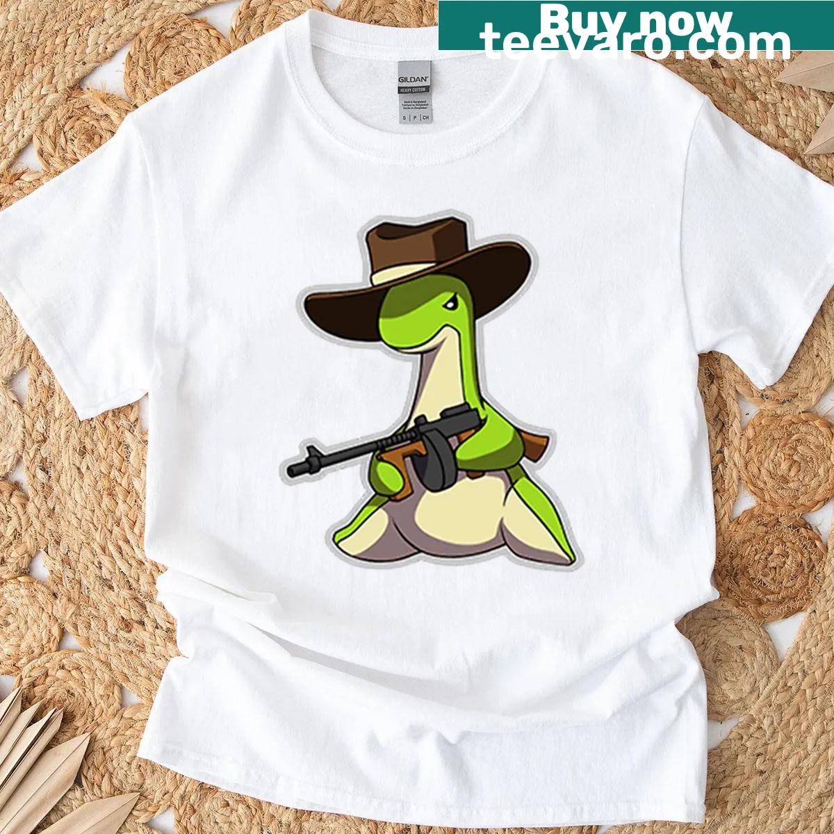 Playful cowboy Nessie graphic on an Apex Legends t-shirt. — on a men's t-shirt