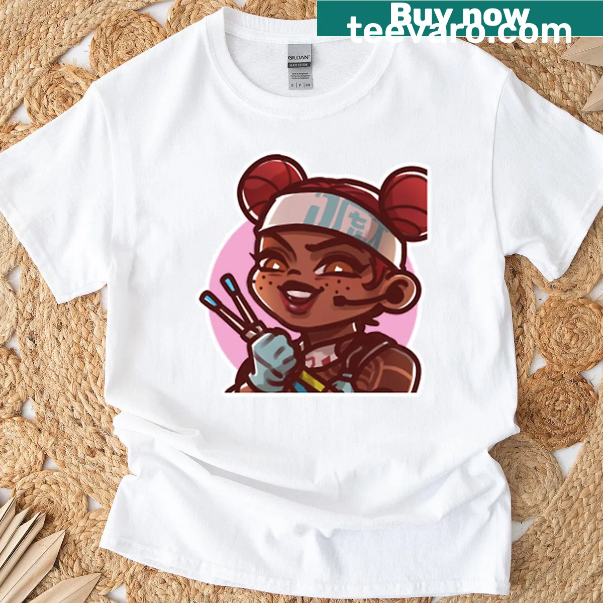 Sticker drawing of Lifeline from Apex Legends on a t-shirt — on a men's t-shirt